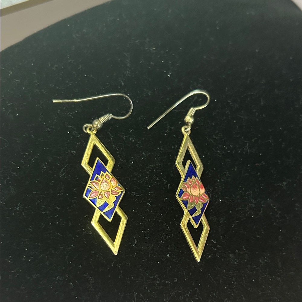 Source Unknown Gold-Tone Blue and Pink Lotus Drop Enamel Earrings